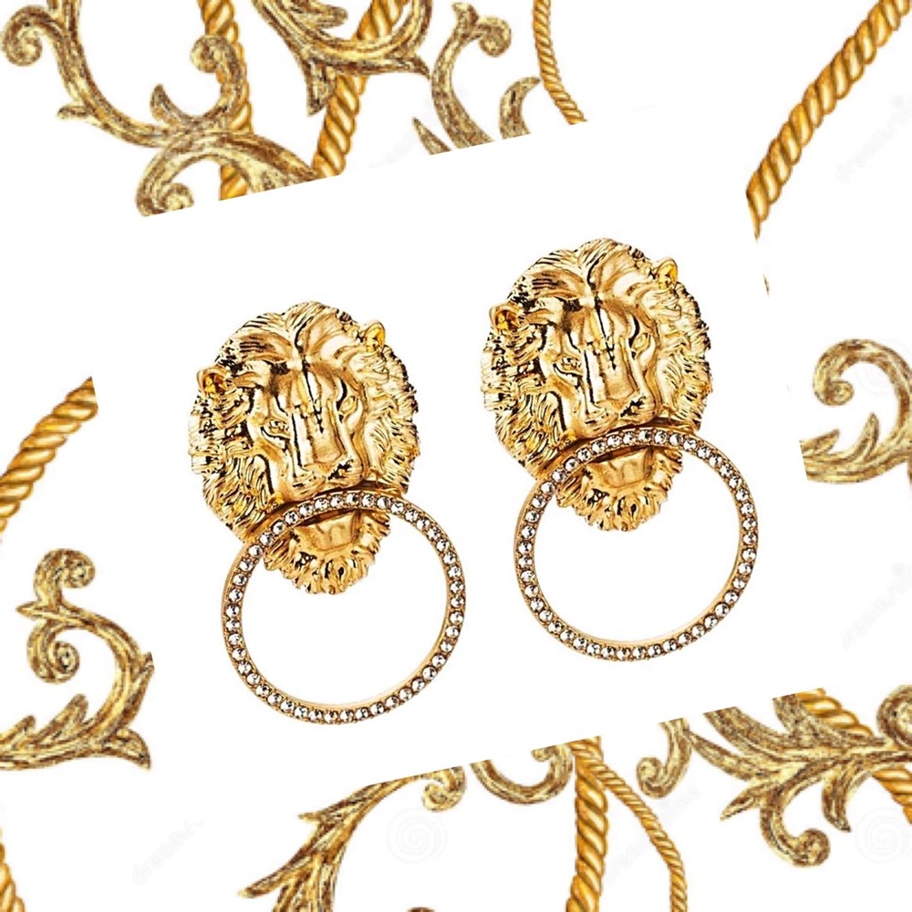 Burnished Gold Rhinestone Lion Statement Earrings